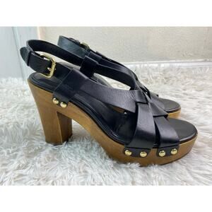 Coach Adessa Women's 9B Black Wooden Block Heel Peep Toe Sandals